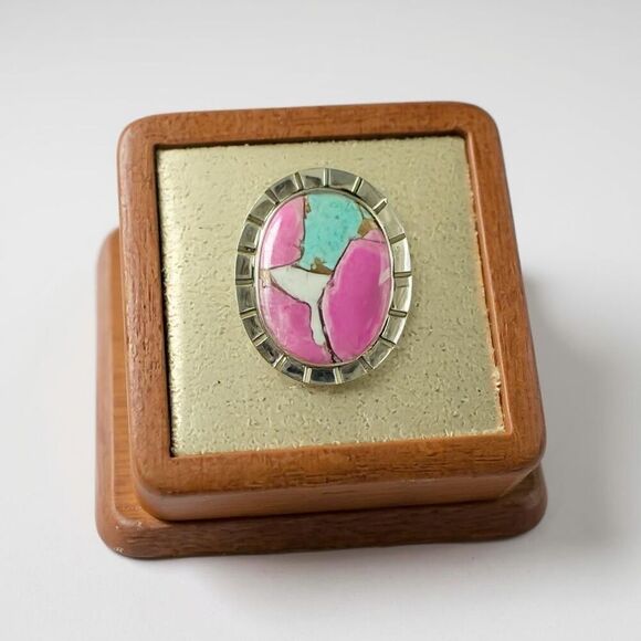 Unique Cotton Candy Turquoise Oval Cabochon Ring Sterling Silver Size 7 New - Picture 6 of 9